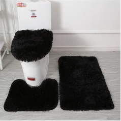 Lifup Bath Mat Set, 3-Piece Non-Slip Shaggy Bath Mat, Fluffy Contour Bath Mat, Long Pile Toilet Seat Cover, Black