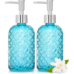 Glass Soap Dispenser with Plastic Pump 450ml Diamond Cut Design Refillable Liquid Soap Dispenser for Bathroom Countertop Kitchen Sink Home Decor Accessories (Blue)