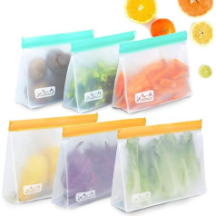 Viedouce Pack of 6 Reusable Food Bags, Food Storage Bags, PEVA Silicone Bags, Freezer Bags, Reusable, Reusable Food Ziplock Bag, Zip Bags Reusable