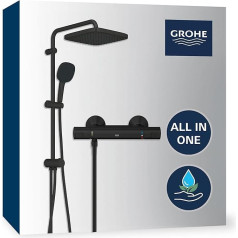 GROHE Vitalio 250 Shower System with Separate Thermostat (Renovation Favourite, Water-Saving, Safety Lock at 38°C, 2 Jet Types, Flexible Orientation on Drill Holes), Matt Black