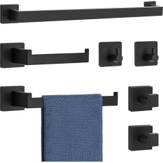MengxFly 7 Piece Bathroom Hardware Set, Matte Black, Square Towel Rail Set, 60cm Towel Rail+Towel Rack+Toilet Paper Holder+4x Towel Hooks Bathroom Hardware Set