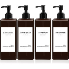 Roselee Set of 4 Soap Dispensers, 500 ml Soap Dispenser, Shower, Plastic Pump Dispenser with Funnel and Waterproof Labels, Shampoo Dispenser for Kitchen, Bathroom, Bathroom, Brown