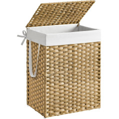SONGMICS 90L Hand Woven Laundry Basket, Synthetic Rattan Laundry Basket with Lid and Handles, Foldable, Removable Inner Bag, Natural ULCB51NL