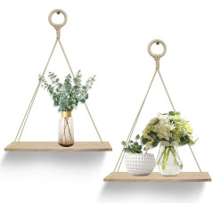 YiYa 2 x Wall Shelf Wooden Hanging Shelves with Rope Hanging Floating Shelves Floating Wooden Shelves Boho Decoration for Kitchen, Bedroom, Bathroom, Office, Small Plants Decor Wall Decoration Living