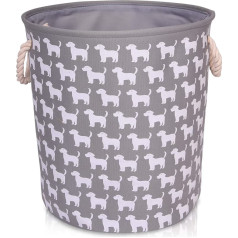 Grey Canvas Storage Basket with Dog Pattern - Large Fabric Basket with White Dogs - Perfect for Household Storage, Toys or Laundry. 40cms Diameter x 45cm Height