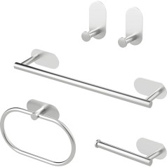 Sarsumir Silver Towel Holder Wall Mounted Toilet Paper Holder Towel Holder for Bathroom & Kitchen Stainless Steel Towel Holder Self-Adhesive Hooks - 5 Pieces Bathroom Accessories Kit No Drilling