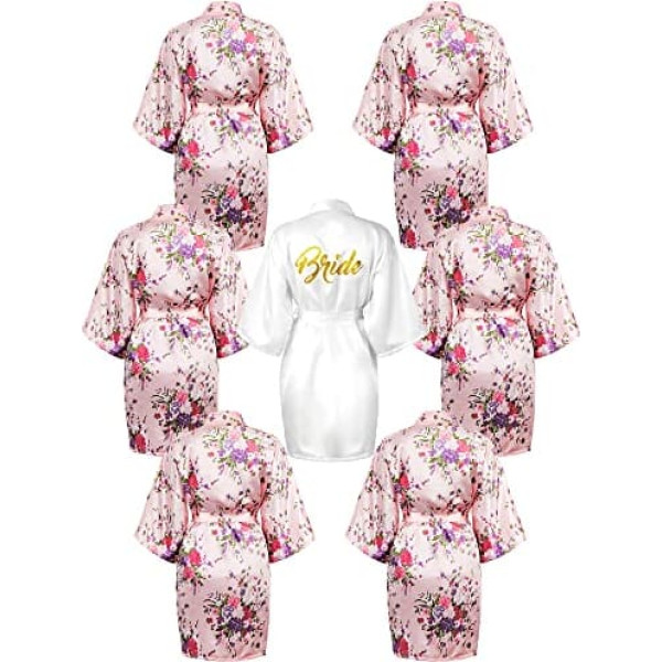 Jecery 7 Pcs Bridesmaid Robes for Wedding Day Satin Kimono Robes Getting Ready Short Robe Floral Glitter Bride Robe for Women
