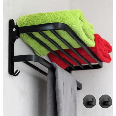 12&9 Black Bathroom Towel Rack with Folding Shelf Towel Rail Towel Bar Bathroom Organizer Accessories for Bathroom Shower Self Adhesive with Drill Modern and Functional