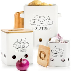 WUWEOT 3 Pieces Vegetable Storage Jars, Metal Onion Garlic Potato Jars Set, Kitchen Containers, Vegetable Containers with Ventilation Holes and Wooden Lid