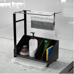 KYYLZ Sink Organiser, Black, Slim Sink Caddy Organiser, Stainless Steel, Dish Cloth Holder, Sink Organiser, Hanging Wall with Towel Rail, Drain Pan, Adhesive for Kitchen and Bathroom (25 x 20.5 x 8.5