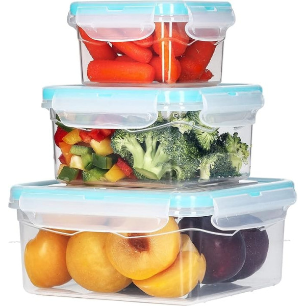 RoyalFay® Food Storage Containers with Clip Lid, Plastic Food Safe, 100% Leak-Proof (1.3 L/0.68 L/0.3 L Square)