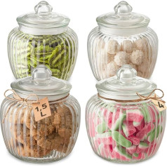 Praknu Candy Bar Glasses Large 1.5 L - Airtight - 4 Vintage Candy Jars with Lid and Labels - Robust Glass - Dishwasher Safe - for Biscuits & Sweets
