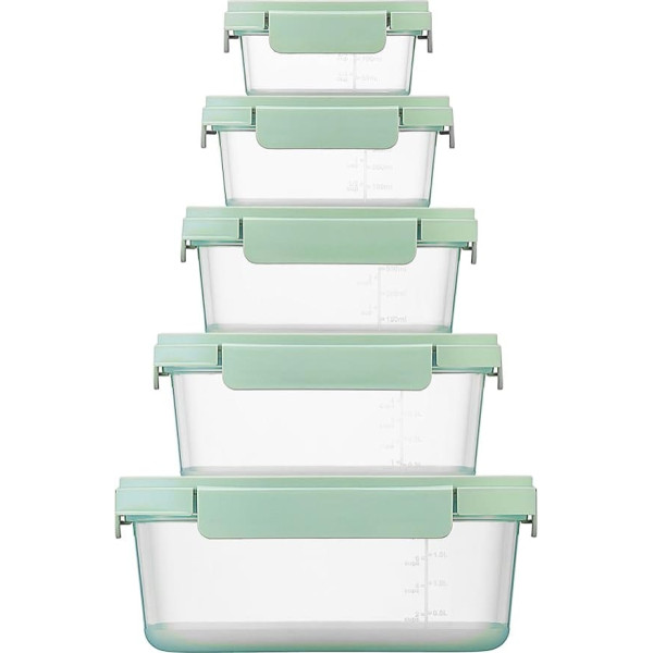 LocknLock NestnLock Stackable Food Storage Containers, Set of 5, 230ml, 500ml, 920ml, 1.6L, 2.7L, Sage Green