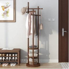 Kungfuwood Coat Stand, Rotating Wooden Coat Rack with 3 Shelves and 3 Cross Bars, Sturdy and Easy Assembly Jacket Stand for Hallway, Bedroom, Office (Walnut)