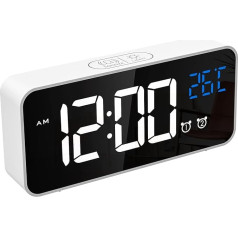 Chereeki Digital Alarm Clock, LED Digital Clock with Temperature Display, Portable Mirror Alarm, Portable Clock with 2 Alarms, 16 Alarm Tones, USB Rechargeable, 4 Brightness Settings and Adjustable Volume, 12/24 Hours