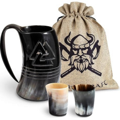 VIKING CRAFT® Drinkhorn Viking Jug 600 ml – Large Horn Jug Odin and 2 Viking Cups for Your Viking Mead Honey Wine - Horn Cup, Viking Decoration, Horn Set, Medieval Beer Tankard, LARP