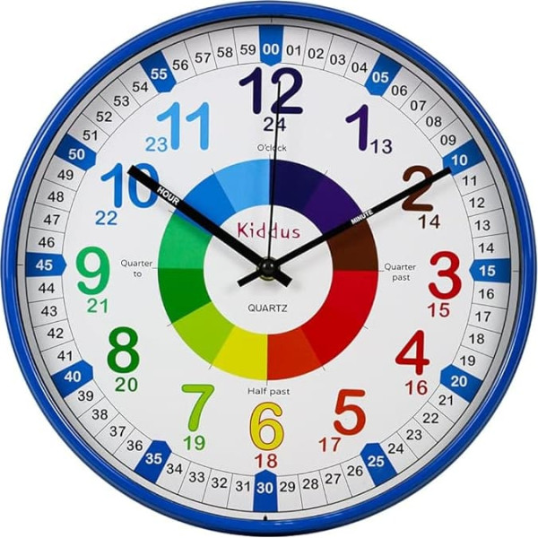 Kiddus Children's Wall Clock Analogue Time Teacher with Time Learning Exercises Silent Clock Many Languages English XL Blue