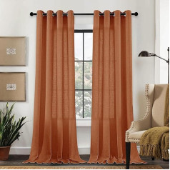 CUCRAF Linen Curtains with Eyelets, Set of 2, H 225 x W 140 cm, Terracotta Semi-Transparent Curtains for Living Room, Linen Look, Voile Curtains, Linen Colour, Bedroom Stores