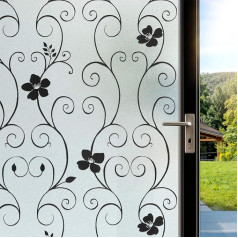 DIFIT Window Film Opaque Privacy Film Window Floral Pattern 90 x 200 cm, Frosted Glass Film Self-Adhesive Window Static Adhesive Decoration Anti UV Adhesive Film Window for Home, Black Flower