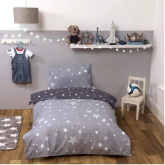 Dreamscene Wende-Bettwäsche-Set mit Sternenmuster, Silbergrau anthrazit Sterne, Junior - Cot Bed