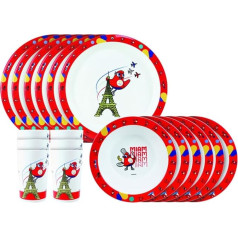FUN HOUSE Olympique Games Paris 2024 JO Tableware Set 6 Plates 22 cm, 6 Bowls 16 cm and 6 Glasses 220 ml - Reusable Tableware, White/Red
