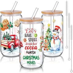 Singhoow 3 Pack Christmas Glass Cups with Lids and Straws, 16 Ounce Iced Coffee Glass, Clear Christmas Tumbler, Christmas Gift, Gift for Women, Christmas, Home, Office