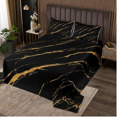 Marble Printed Bedspread 170 x 210 cm Black Golden Marble Bed Throw Chic Modern Marble Design Quilt for Children Women Men Abstract Art with 1 Pillowcase