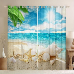 Homewish Curtains with Beach Motifs, Blue Ocean Shells, Starfish, Printed Blackout Curtains, 55 x 96 inches, Beach Coastal Window Treatments for Children, Teenagers, Adults, 2 Panels