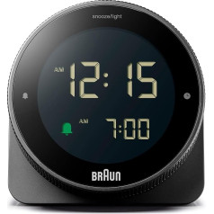 Braun Digital Alarm Clock with Snooze, Negative LCD Display, Rotating Bezel for Quick Time Setting, Crescendo Beep Alarm in Black, Model BC24B