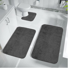 Achiiso Bath Mat Set of 3, Non-Slip Bathroom Toilet Mat, Super Absorbent Microfibre Bathroom Bath Mat, Machine Washable Bath Mat (Charcoal, U40 x 50 + 50 x 60 + 50 x 80 cm)