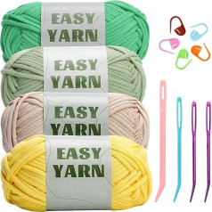Beginner Crochet Yarn 4 x 50g No Split Yarn Chunky Cotton Yarn Easy Knitting Yarn for Crochet Knitting Thick Bulky Cotton Yarn for Beginners (Light Green + Dark Green + Beige + Yellow)
