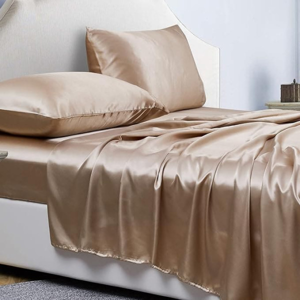 Jemiipee Fitted Sheet 4-Piece Satin Shiny Plain 200 x 200 cm for Mattresses up to 36 cm, Flat Sheet Set with Flat Sheet, Fitted Sheet, 2 Pillowcases - Khaki