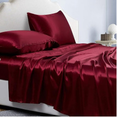 Jemiipee Fitted Sheet 4-Piece Satin Glossy Plain 135 x 190 cm for Mattresses up to 36 cm, Flat Sheet Set with Flat Sheet, Fitted Sheet, 2 Pillowcases - Wine Red