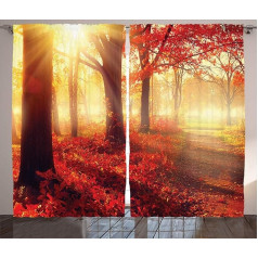 ABAKUHAUS Autumn Rustic Curtain, Misty Morning in Forest, Living Room Universal Tape Curtains with Loops and Hooks, 280 x 245 cm, Yellow, Red