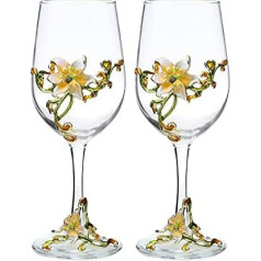 XUDREZ Handmade Painted Enamel Flower Glass, Lead Free Gin Balloon Glass, Wine Glass, Gifts for Women, Mother, Friends, Mother's Day (Yellow Lily)