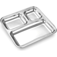 Garden Of Arts Heavy Duty Stainless Steel Square Dinner Plate with 3 Compartments for Kids Dining, Camping, Events and Everyday Use (Set of 2)