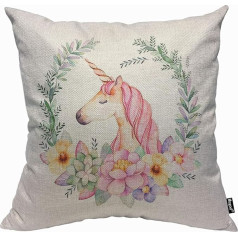 Mugod Colorful Watercolor Unicorn Pillow Case Throw Pillow Cases Pink Wavy Hair Unicorn in Garland Pillow Case for Men Women Decorative Home Sofa Chair Couch 45x45cm