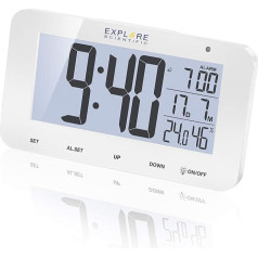 Explore Scientific RDC1004 LED Backlit Table Clock White Alarm & Snooze White with Batteries