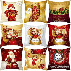 Christmas Cushion Cover 45 x 45 cm, 9 Pieces Christmas Cushion Cover, Velvet with Peach Skin Cushion Cover, Merry Christmas Bells Elk Snowman Santa Claus Decorative Cushion Cover for Home Sofa (Red)