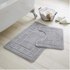 SELECT-ED® Greek Bath Mat Set 2 Piece Non Slip Rubber Pedestal Mat Greek Rug (Silver)