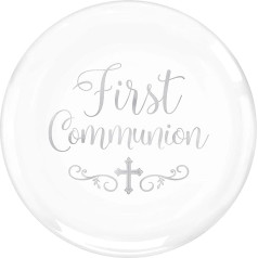 Amscan 430865 Hot Embossed First Communion Round Coupe Plate, Plastic, White/Silver