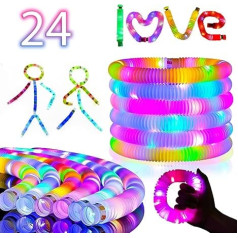 Pack of 24 Party Bags Children's Birthday Party LED Pop Tubes Fidget Toy Glow Sticks Party Decoration Set Luminous Sticks Colourful Festival Sensory Toy Gift for 3+ Years Boys Girls