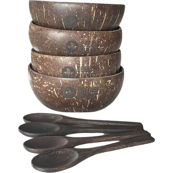 Real Coconut Bowl with Wooden Spoons - Set of 4