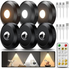 daphomeu Rechargeable Under-Unit Light Cabinet Lighting with Remote Control, Dimmable LED Spotlight, Wireless Cabinet Lights, 3 Colour Temperatures, Round Showcase Lighting LED with Timing Function