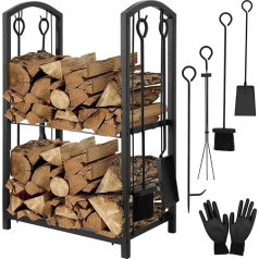 Melko Firewood Rack Set of 6 Fireplace Companies and Firewood Gloves Firewood Shelf with Side Hooks for Indoor and Outdoor Use Metal Firewood Stand 2 Levels 46 x 31 x 74 cm Firewood Rack