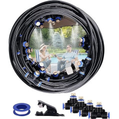 AGPtEK Cooling System, Fog Cooling System 20m Mist Line with 23 Tee Mist Nozzles, 20 Cable Ties and 3/4 Inch Brass Adapter, Outdoor Mist Cooling System for Patio, Garden, Lawn, Greenhouse