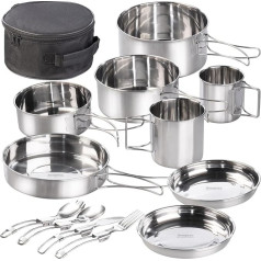 Semptec Urban Survival Technology Camping Cookware: 12-Piece Stainless Steel Camping Tableware Complete Set with Cutlery & Bag (Cookware Set, Foldable Camping Tableware, Kettle)