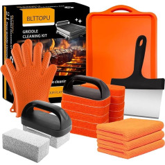 21 Stück Grillrost Reinigungsset für Blackstone, Flat Top Grill Reinigungszubehör mit Silikon Spatel Matte, Schaber, Grillstein & Scheuerschwämme mit Griff, Reinigungshandschuhe, Reinigungstuch