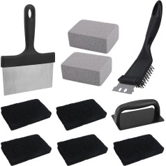 10 Piece Grill Cleaning Kit for Black Stone, Heavy Duty Grill Cleaner Set with Grill Stone, Grill Scraper, Grill Brush with Stainless Steel Handle (Black+Silver)