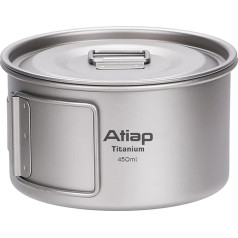 ATiAP Titanium Bowl Pot with Foldable Handle, Single Wall Titanium Cookware Bowl with Folding Handle for Outdoor Camping Hiking Picnic (450ml with Lid)